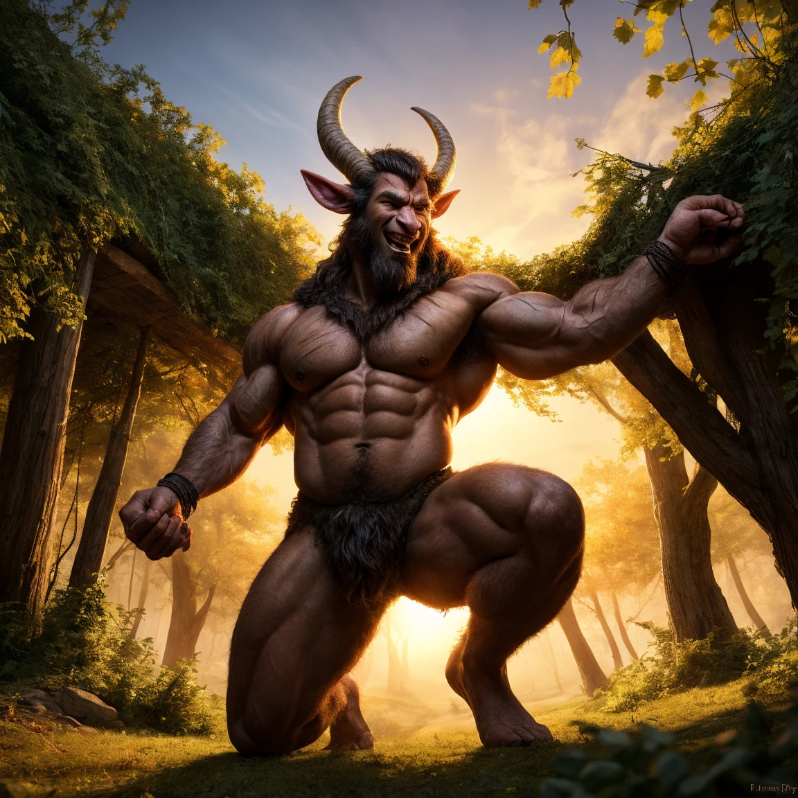 male, bara, massive pecs:1.35, hairy chest, happy trail, fur legs, fur, fur pants, goatlike legs, goatlike, satyr, horn, long black hair