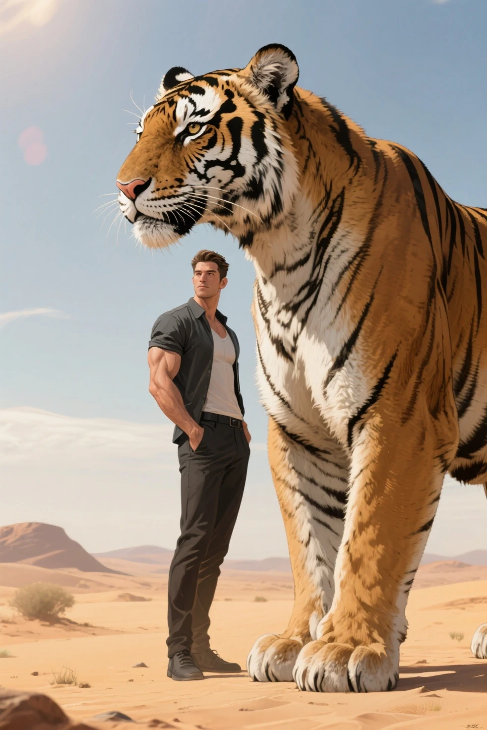 A handsome, burly young man from England without clothes, only wearing trousers, jeans, stands with a large tiger while looking at the camera with a mountainous background.
