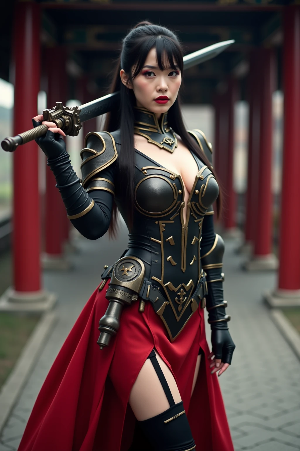 Full body shot, Naughty Female Chinese swordsman in black armor, wearing an ancient hat and holding long katanas with big tits, red tassels on the handles. Wearing a mecha mask. In the style of Unreal Engine, featuring futuristic technology and high-tech elements. Bright colors, full body photos, close-up shots, strong contrast between light and dark, exquisite details in . --stylize 750.0