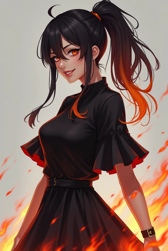 absurdres, 8k, 4k, masterpiece, hyper extreme detailed:1.2), solo, 1girl, front view, perfect face, 1girl, portrait, expressive eyes, looking at viewer, solo, green eyes, standing, mature female, , pale, long black hair, groan, casual wear, adult, looking forward, front view, black horns, confident, cautious, rational, messy hair, wind, windy, moving hair, moving clothes, swept bangs, front view, unyielding, mature body, tomboy, dragon tail, adult, black nails, wild hair, velvet crowe, scars, fatigue, Black Demonic Horns, Dragon Horns, Dragon Tail, fire, long skirt, hands in pockets, white shirt black letters,  shoulder, shoulder strap, suspenders, velvet crowe, velvet-outfit, red hair gradients, village background, fiery, flames, burning,
