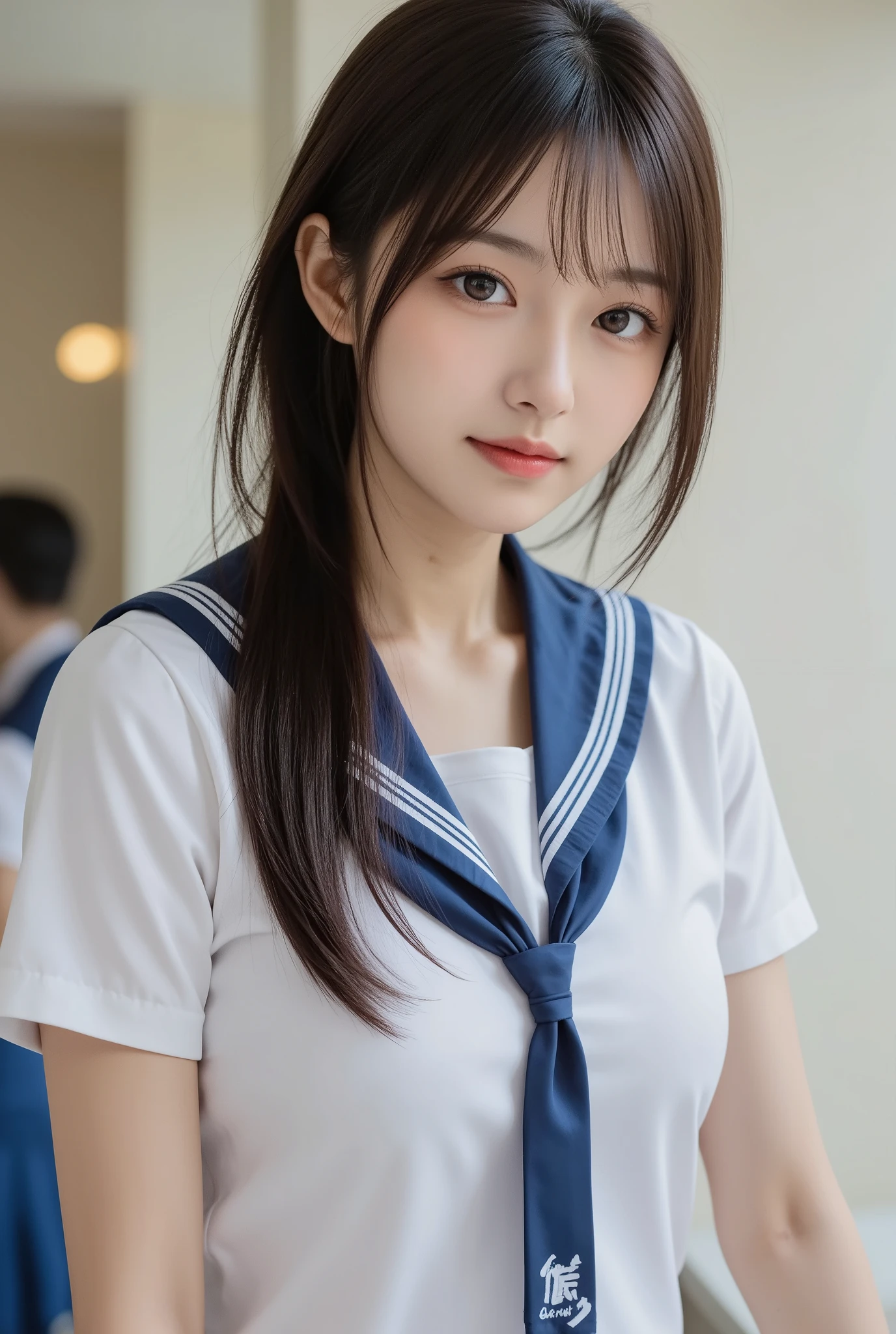 (from bellow, at classroom, 1 girl, small breasts, medium long hair, sailor suit, short sleeve shirt, lift miniskirt, show lace panties, Spread legs, squatting:1.5), fair-skinned, glossy lips, skinny, body type, delicate and sexy clavicle, highest quality, RAW photo, realistic, face, incredibly ridiculous beautiful girl, cute, Depth of bounds written, High resolution, ultra detail, detailed, Very detailed, extremely detailed eye and face, sharp pupils, sharp focus, cinematic lighting