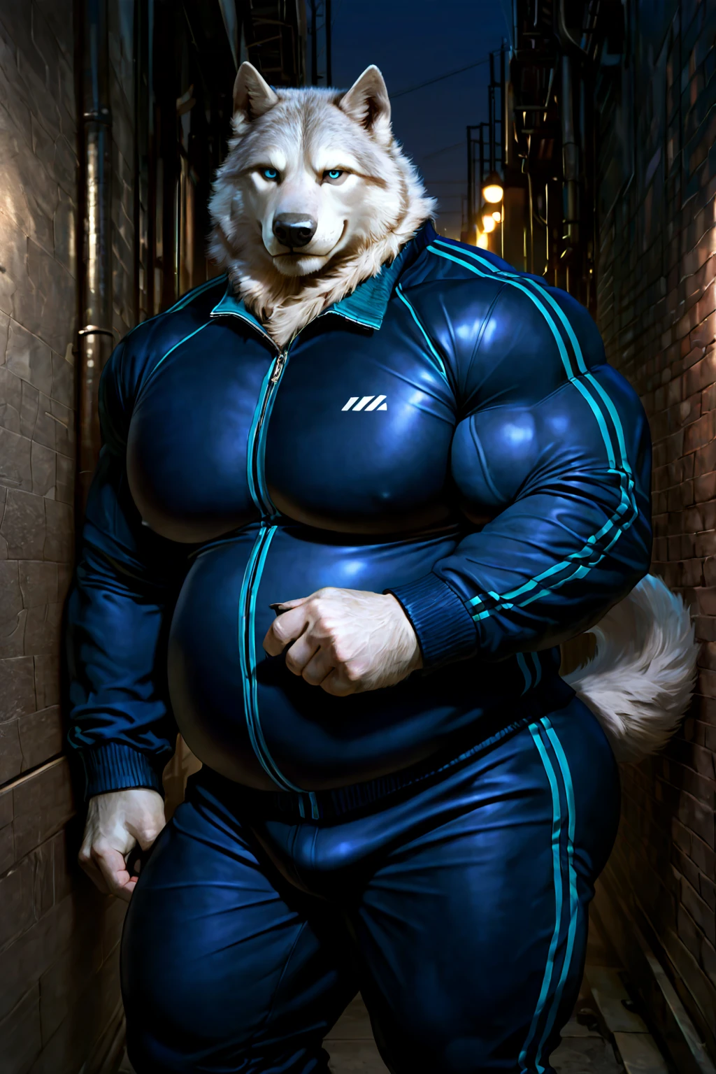Wolf wearing a motogp racing 1-piece suit. Standing, masturbate and cumming at public restroom. Real erect dick shaft. Cumshot, lightning reflections