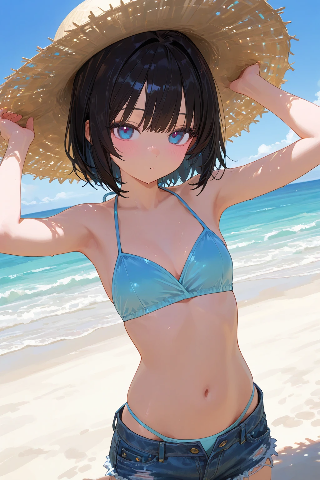 Black string bikini、Embarrassed expression、Black Hair、short hair、High resolution、high quality、summer、sunlight、Ocean、