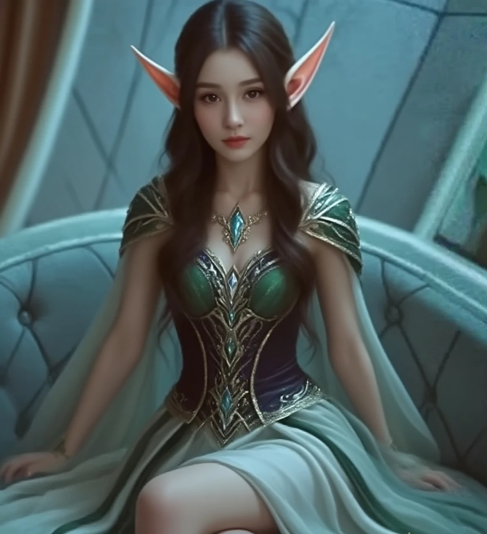 best quality, 8k, highly detailed face and skin texture, high resolution, sexy long hair woman elf in sexy dress with throne, full body, sharp focus