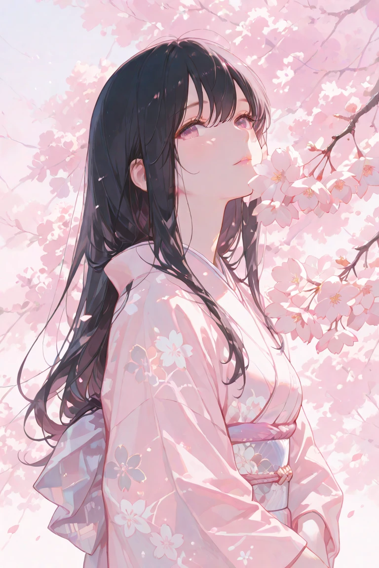 (Girl:1.5),race,ribbon,(masterpiece, Side light, Beautiful detailed grey eyes: 1.2), Mid-chest, Realistic, Glowing Eyes,Shiny Hair,Black Hair,Long, long hair, Shiny skin, alone, Embarrassing,Strapless,Exquisite,beautifully,garden,Flowers,Fluttering petals, barefoot, Cherry Blossom, Cinematic Light, Structure of the film, Rich Expressions