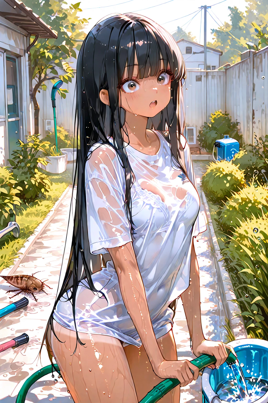 nsfw.((solo)).(woman).(((masterpiece))).((high resolution)).((4k)).((8k)).(wet).((see through t-shirt(1.5))).short-sleeved t-shirt.short pants.zettai ryouiki.straight hair.medium breats.glowing.slender body.beautiful detailed eyes.big eyes. light blue eyes.long hairー
