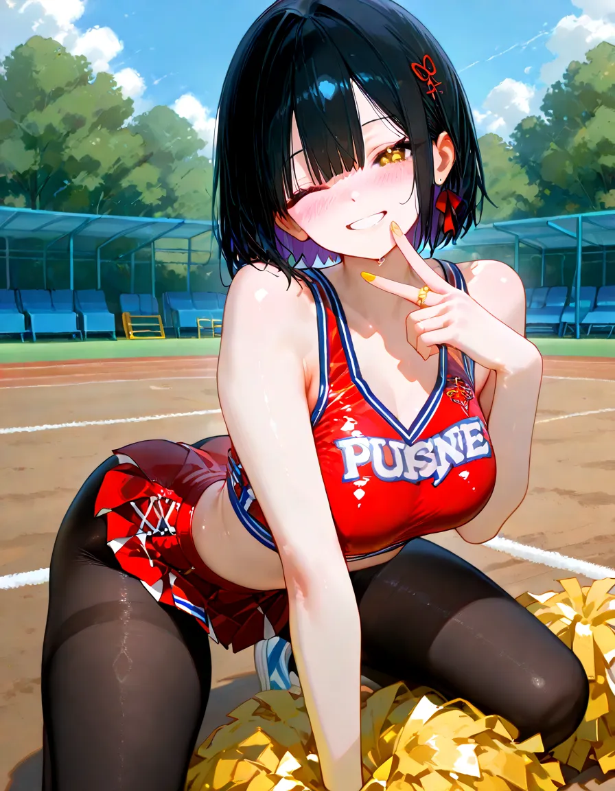 dildo_Under_Cloth:1.5,Bigboobs,uni form(yellow,black),group shot:1.7,baseball,baseball stadium,Panty drop:1.5,Clothing with tiger printed on it,tubetops,ponytail,cheerleader, stadium, team spirit, pom-poms, enthusiastic, energetic, crowd, uniform, sports event, cheering, colorful, dynamic pose, happy, vibrant, teamwork, celebration, night game, lights, action