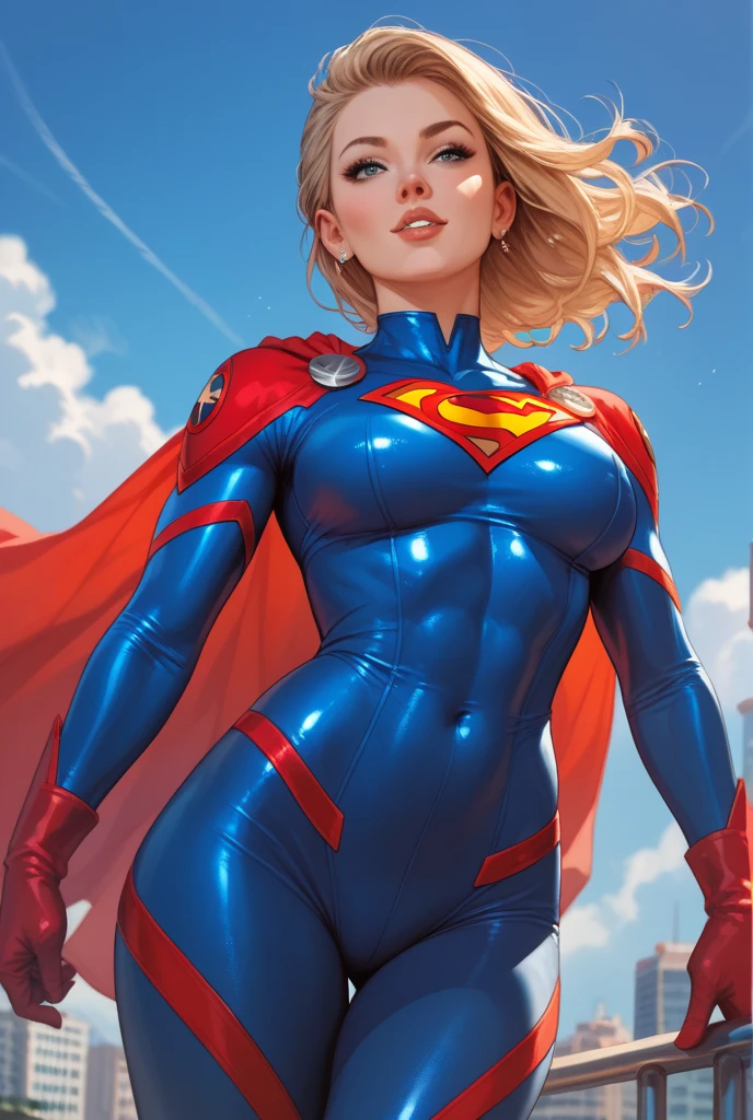 realista,1girl,cabelos brancos,olho roxo,olhos claros brilhantes,,Split lip,raios de sol,o mar,uniforme do superman,Supergirl,suspenso no ar,Seios grandes exagerados,pernas bonitas,salto em altura,with blue sky and white clouds,o mar,Navio de guerra Vista,Leering,sem cueca,revelando seios,Dedos de camelo,The lower part of the body is convex,The face is well lit