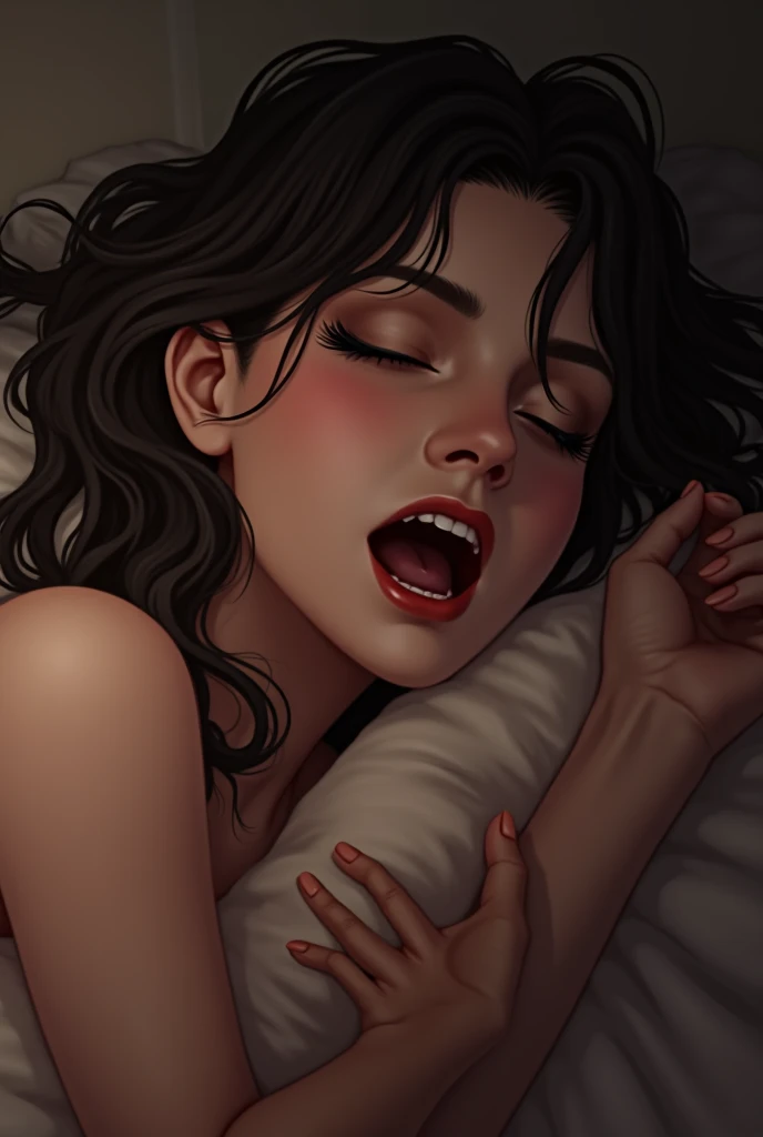 Fat Mature woman, long dark brown hair, milf, makeup, night, bed, laying in bed, side view, shocked, eyes wide open, black panties, light off, dark room, 1boy, penis in mouth, penis, grabs her by hair, cuming, cum in mouth, pov view, sits on her