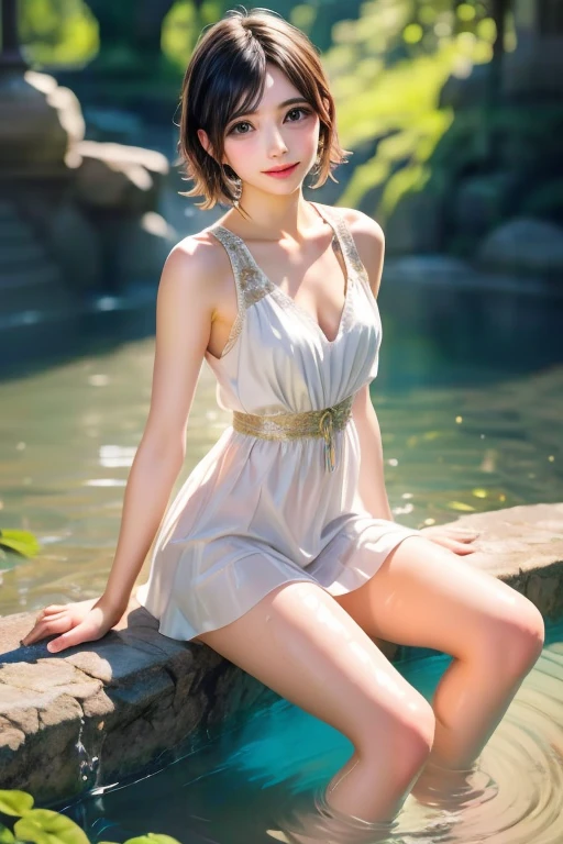 1girl,18 years old,beautiful chinese girl,standing in front of kanakai waterfall,extremely detailed eyes and face,beautiful detailed eyes,beautiful detailed lips,long eyelashes,professional digital art,photorealistic,concept art,masterpiece,(best quality,4k,8k,highres,masterpiece:1.2),ultra-detailed,(realistic,photorealistic,photo-realistic:1.37),HDR,UHD,studio lighting,ultra-fine painting,sharp focus,physically-based rendering,extreme detail description,professional,vivid colors,bokeh,award winning,highly detailed,intricate,elegant,beautiful face,flawless skin,perfect anatomy,detailed hands and fingers,short straight hair,short bob hair,wet hair,sky-blue translucent dress,large round breasts,nipples,nipples exposed,blowing wind,murmur of the creek,serene landscape,tender love,cheerful idol,beautiful back,beautiful waist,beautiful buttocks,hourglass figure,wet body, bow forward pose,hands resting on knees