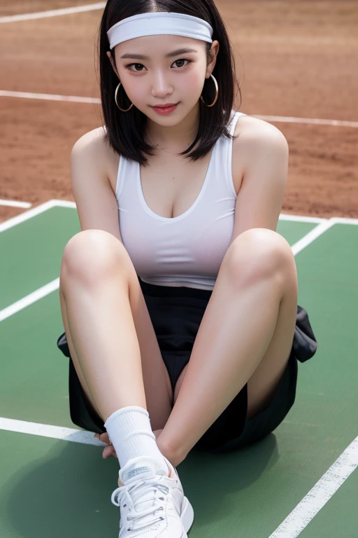 (Solo), (a detailed full-body RAW photo of a girl), (masutepiece:1.0), (Best Quality:1.4), (超A high resolution:1.2), (Photorealistic:1.4), 8K resolution, Canon EOS R5, 50 millimeters, absurderes, ultra-detailliert, (25 year old), Cinematic lighting, Detailed beautiful face, (no-makeup:1.2), (ulzzang -6500-v1.1), petite figure, Detailed skin texture, (flat chest:1.4), (skinny and fit body:1.6), Detailed brown hair,  sweltering,(Very short hair:1.5), See Through wear, (blue and white thiin tank top and verry short thin  soft tennis skirt:1.5), upskirt, More transparent, realistic glistening skin, Detailed texture, Cameltoe, well-developed abs, erect nipples, wet wear, (satomi ishihara), stylish pose, panty shot from below, looks lively, panty focus, blue sky,