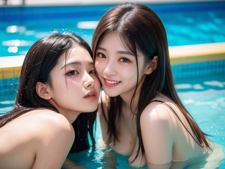NSFW, ((masterpiece)), ((highest quality)), (Super detailed), (8k), highest quality, (beautiful), hyper cute face, hyper genuineistic, dynamic angle, clear outline, (2girls, cute girls), beautiful light brown hair, beautiful brown eyes, ((beautiful eyes)), various hair styles, ((Small natural breasts)), pop idols, ((different faces)), individual bodies, slim bodies, sexy poses, happy sweet expression, 20 yrs old, detailed fingers, detailed faces, ((Petite Breasts), group photo, full-body visible, full-nude, swimming