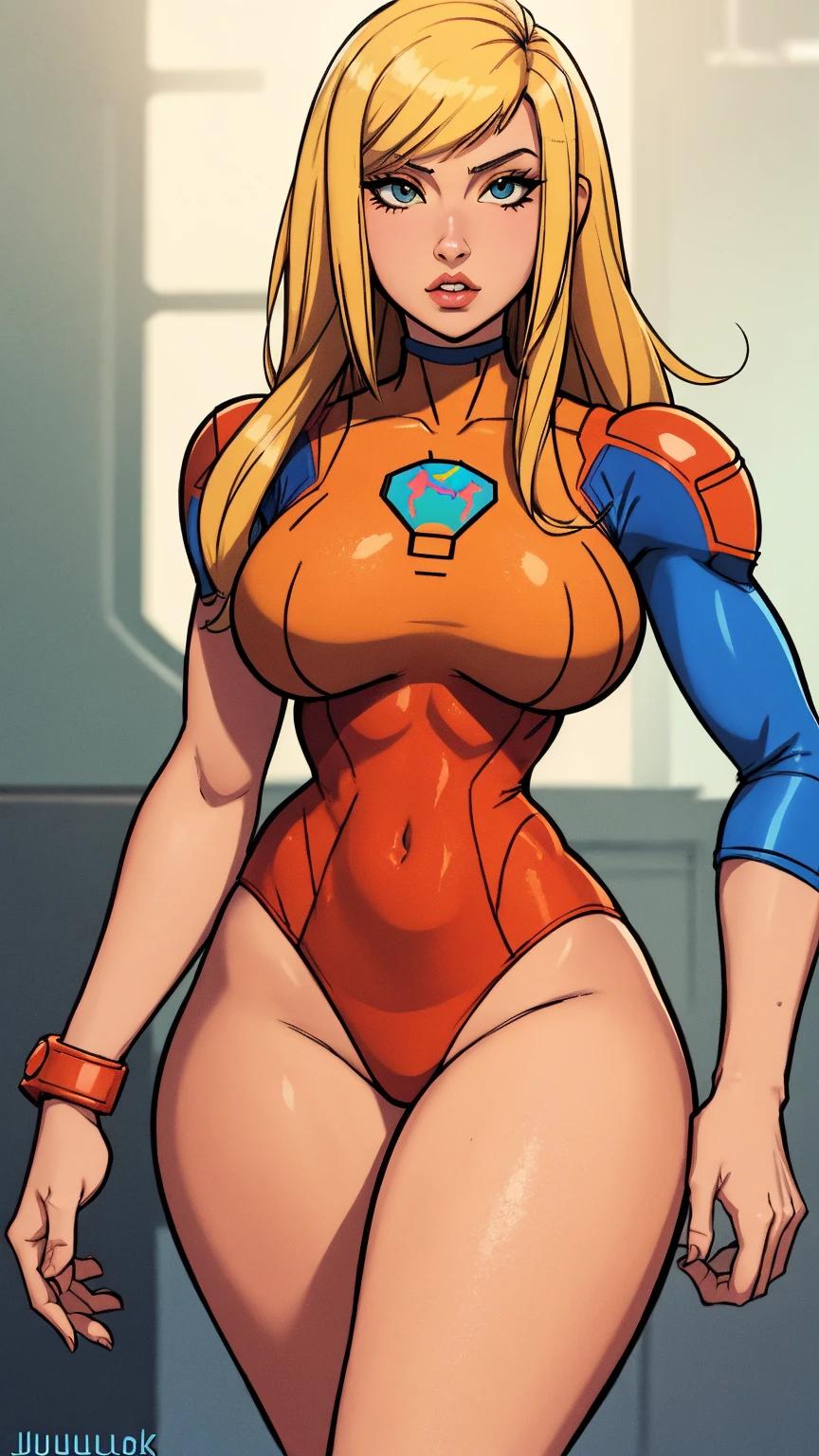 ((Zero Suit Samus)), (Samus Aran), (Metroid), ((sci-fi)), science fiction, ((blue latex)), wearing a (big diaper), pleasure, (kinky), colorful, fantasy, (magic), (magical foature, (big breasts), wide hips, blushing, blonde, ((blushing)), big lips, bimbo, long lashes, (confident), ((mommydom)), atmospheric, celestial, (medbay)