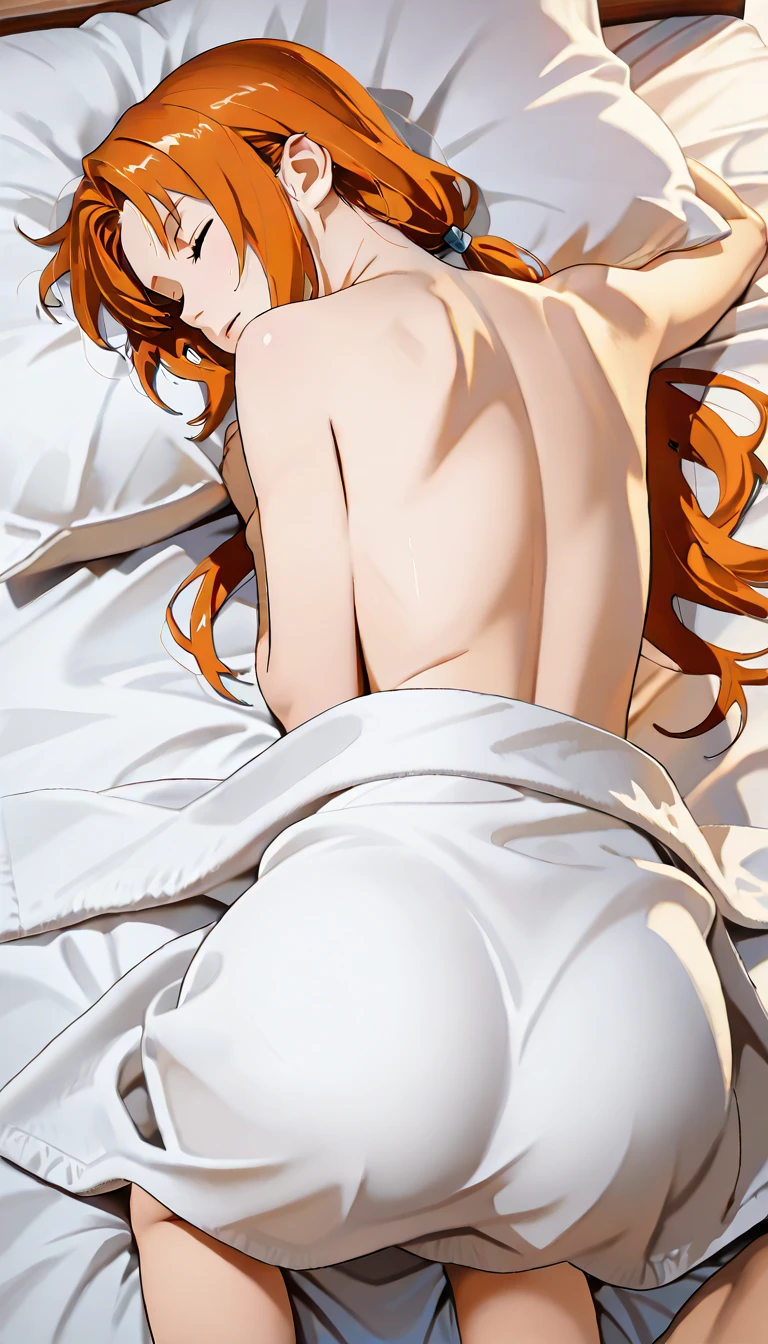 a Beautiful woman is sleeping on a black bed,red hair, lots of blanket, large breasts, nude, Aerial view of the bed, close-up, freckles, night time, on back, (matureface),