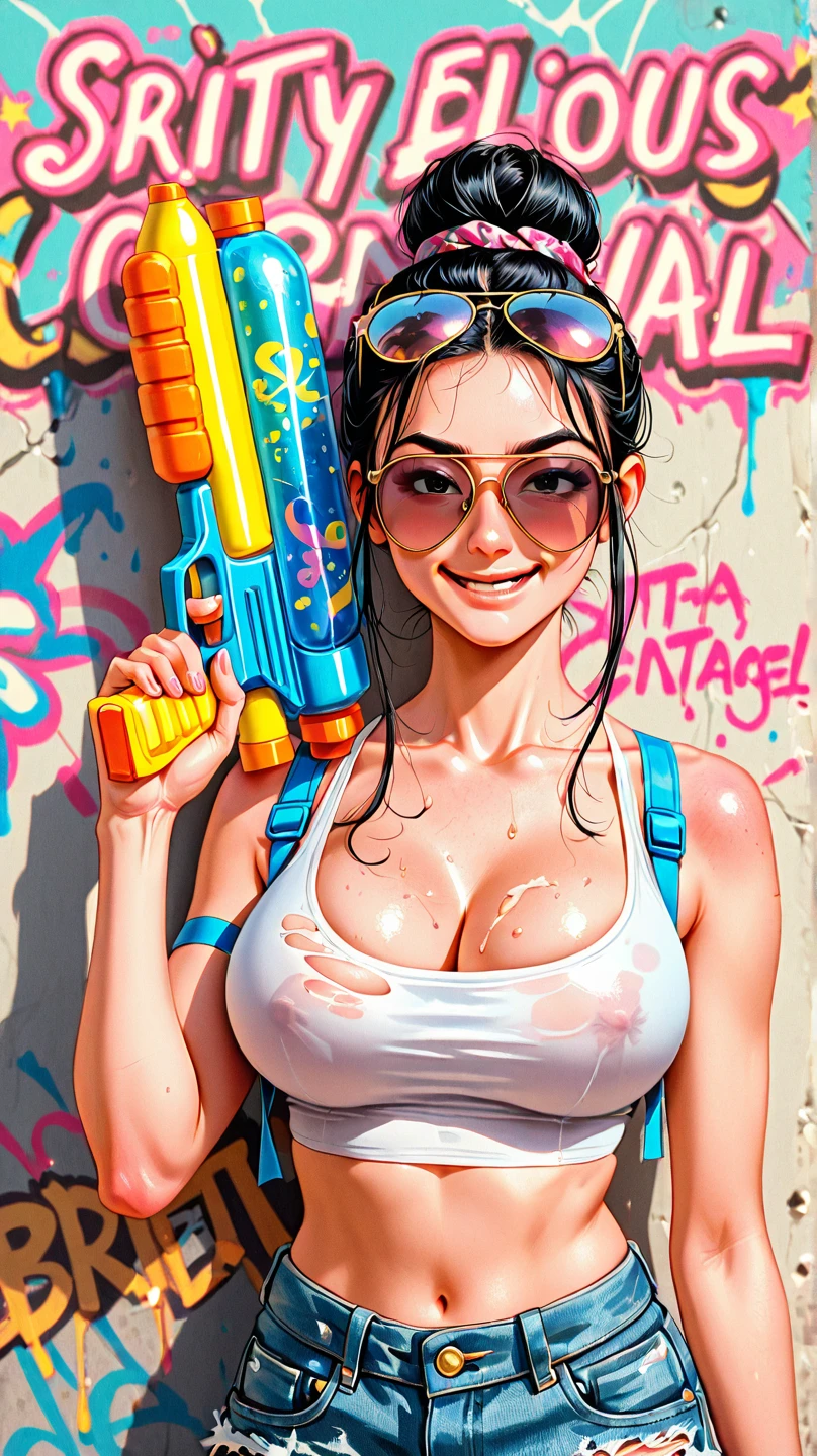 estilo anime, mujer grafitera, grafiti en la pared, desnuda contra la pared, gorra de lado, colores vivos, buena figura, buenas curvas, tatuajes maxima calidad, ultra detallado, 8K, cuerpo entero, cameltoe, ultra detailed 8k image, sharp image.