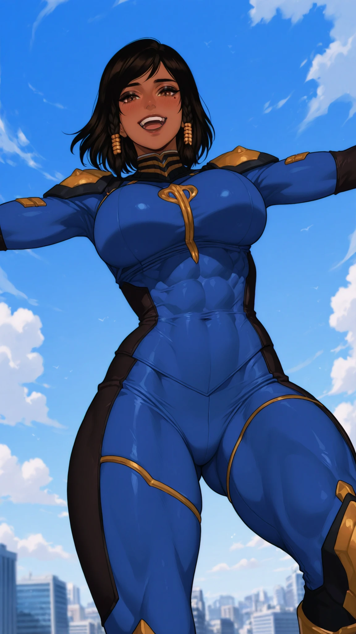 Flat color— pharah, large breasts, brown hair, black hair, short hair, dark eyes, brown eyes, black eyeliner, dark skin, dark-skinned female, slim, fit, athletic:1.2, sky, muscular_female, short_hair, black_hair, breasts, muscular, open_mouth, blue_sky, day, building, dark_skin, smile, looking_at_viewer, huge_breasts, abs, cloud, outdoors, bodysuit, dark-skinned_female, blush, outstretched_arms, ass_visible_through_thighs, from_below, city, covered_navel, boots, thighs, teeth