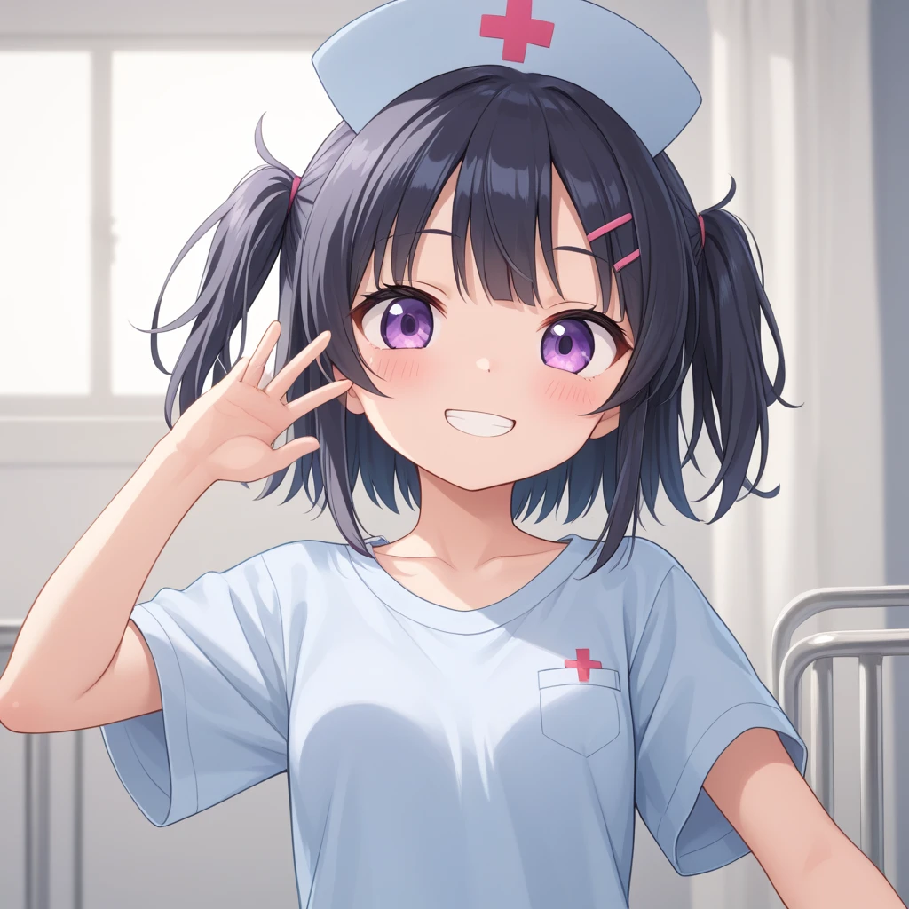 quality\(masterpiece, best quality,8k,wallpaper of extremely detailed CG unit,hight resolution,top-quality,top-quality real texture skin,hyper realisitic,increase the resolution,RAW photos,best qualtiy,highly detailed,the wallpaper\), BREAK ,1girl\(devil girl,12 years old,cute,black hair,(blue skin),white nurse costume,nurse hat,pantyhose,red eye,big eyes,eye shining,holding red injection molding,smile,sharp teeth,open mouth,blue horn\), BREAK ,background\(operation room,operation lights, operation bed, many surgery tools,dark room,\),anime style,from below,dynamic angle