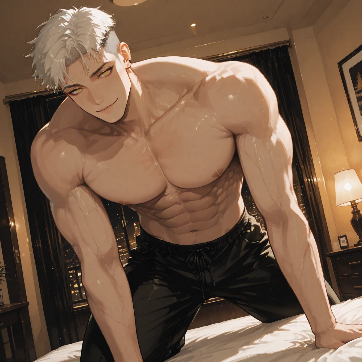 a naked demon boy , White hair , sexy for , The cleavage is tempting , Bare-chested , perspired , Bigboobs , large bulge , spread their legs , Look from the bottom up , bigger