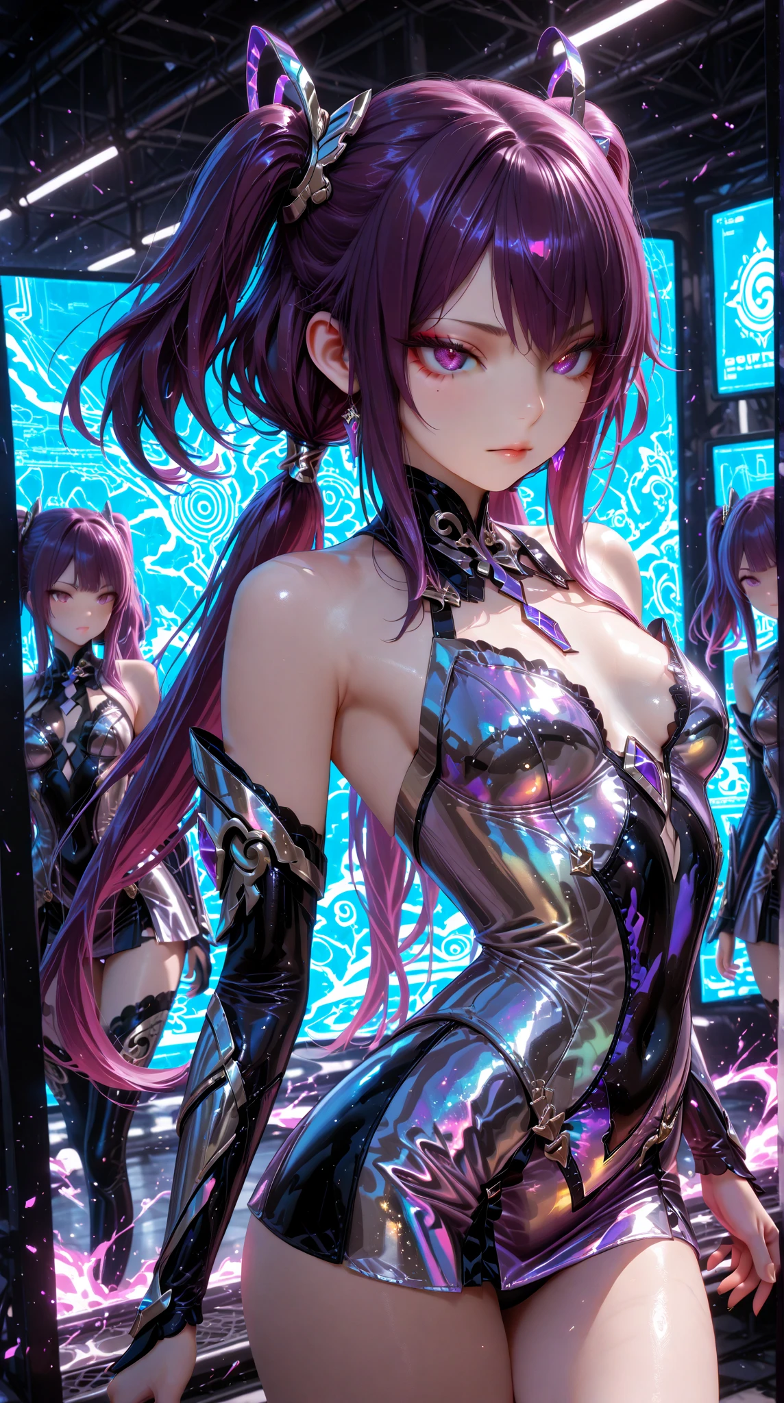 Long smooth straight black hair, inner colored dark-purple hair, golden eyes, black paced underwear with garter belt, masterpiece, super detail, best quality, 8k,semi-realistic