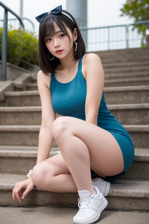 Photograph of a beautiful girl, 15 meters away, wearing a colorful low-cut dress, thin and fit, far away, 20-year-old, asian, australian city park, large breasts, sitting on a hill, full body, subject is in the distance
