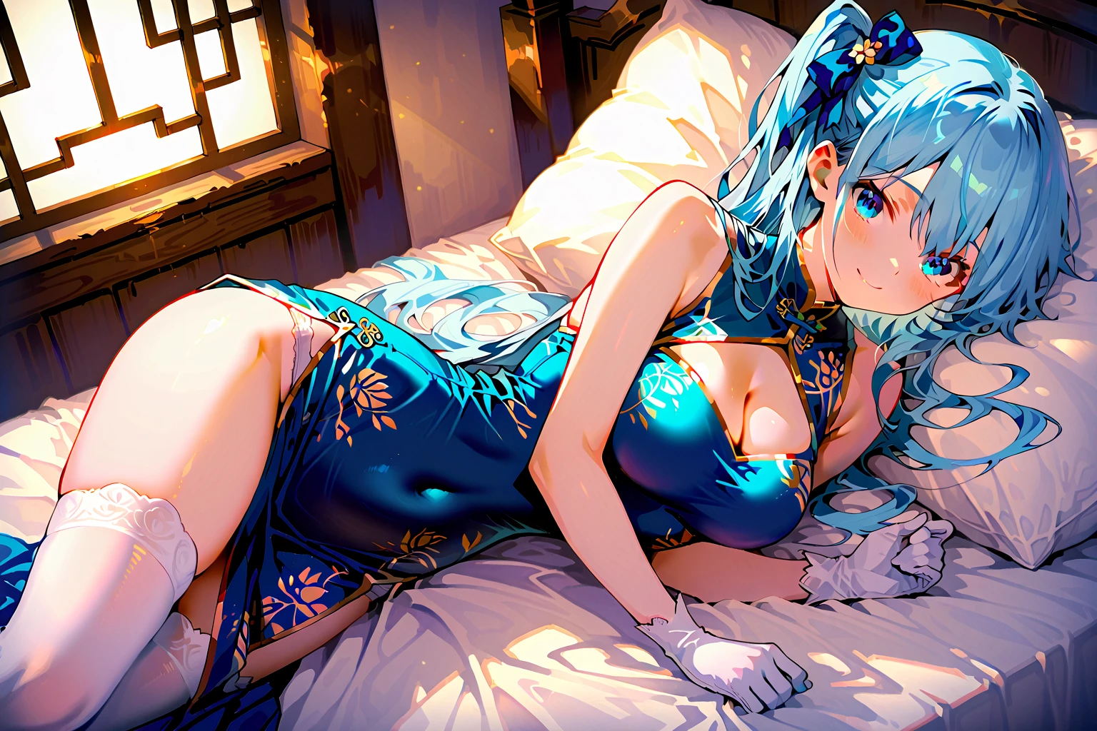 in 8K、top-quality、masutepiece、An ultra-high picture quality、ultra-detailliert、Ultra-realistic hair quality、anime illustrated、Ultra-realistic flesh feeling、full body Esbian、Bewitching look、Sleeping on a futon、Beautiful armpits、Reach out and invite、Off-shoulder blue yukata、Beautuful Women、Beautiful long blue hair、poneyTail、Blue eyes、shinny skin、Very gigantic-breasts、Red lace bra with protruding chest、extremely big ass、The background is a Japanese-style room at night