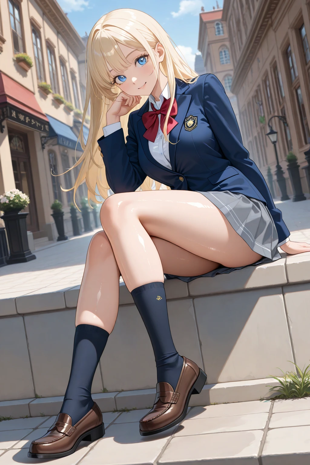 (Masterpiece, top quality, high resolution, realistic photo, realistic looking skin:1.1),
(A high school girl is walking on a high school playground:1.5),
(She is a delinquent and is staring at us: 1.5),
(She is wearing a navy blue blazer from her high school uniform:1.5),
(She has her blazer unbuttoned and her shirt open to the second button: 1.8),
(She is wearing a gray mini-skirt of her high school uniform:1.5),
(She is wearing black loafers: 1.5),
(She is wearing loose socks: 1.8),
(She is wearing socks of the same color and the same length on both feet:1.8)
(She has long blond hair:1.5),
(The location is a fresh green high school playground:1.5),
1 Japanese girl, solo, full bodied esbian, beautiful eyes, glowing eyes, glowing thighs, NSFW