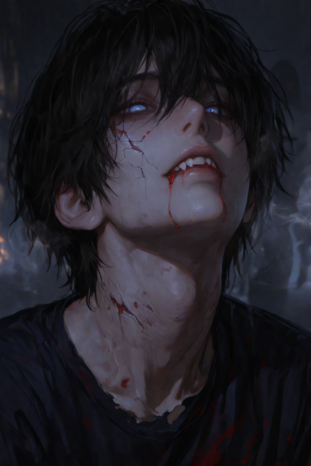 /imagine prompt: A highly detailed closeup shot of an injured guy with a bloodied face and blue eyes, looking directly into the camera with a sinister, evil smile. The background is blurred, emphasizing his intense expression and the severity of his injuries. Created Using: intricate shading techniques, hyper-realistic textures, dramatic lighting, cinematic effect, hd quality, natural look --ar 1:1 --v 6.0