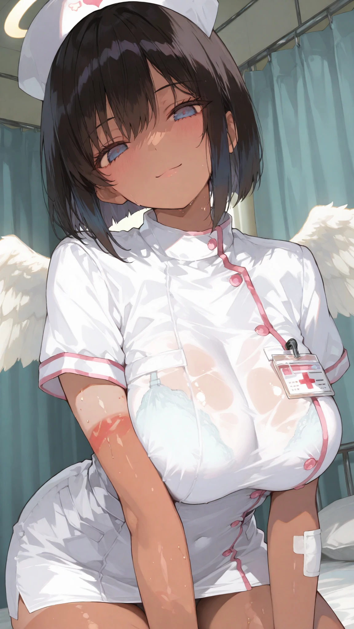 top-quality、Full limbs、(photorealistic:1.2)、complete fingers、1 beautiful woman、beautiful detailed eyes、super detailed skin、sweat、oil、Slender beauty、straight haired、blown hair、french braid、blunt bangs、head tilt、((white Nurse bikini、covered erectile nipples、very skinny))、cleavage、white nurse hat、White pantyhose、hospitals、Hospital Room、on Patient bed、(stethoscope)、((((vulgarity))))、(light dark skin:1.6)、(small breasts、nipples pointing up:1.7)
