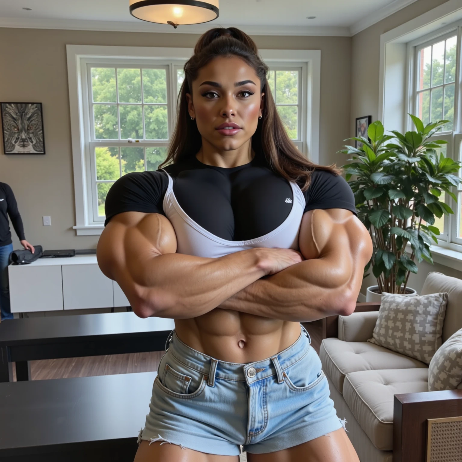 Alyssa Milano is Phoebe from Charmed, very cute, highly detailed face, highly detailed brown eyes, standing alone, inside the Halliwell Manor, high detailed athletic physique, highly detailed veins, highly detailed abs, highly detailed biceps, wearing tight jeans, wearing white tank top