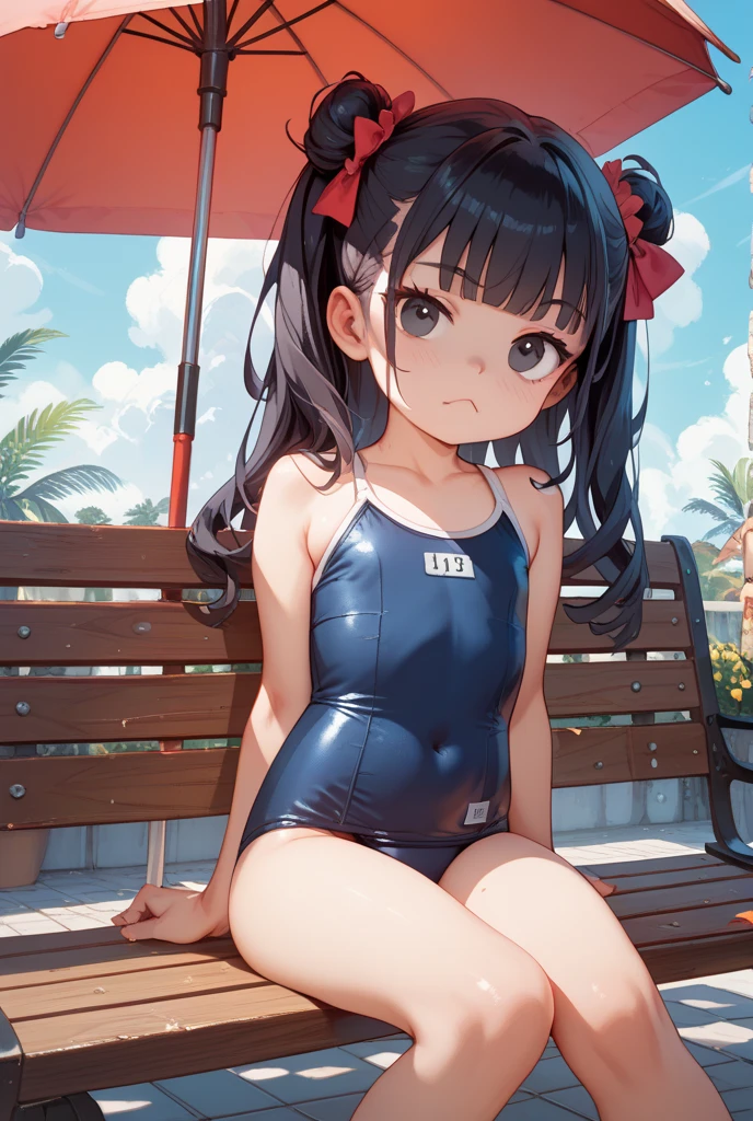Primary school students beautiful girl (((Dark brown skin))) Princess Connect Peeing Sailor suit School Swimsuit embarrassed sweat scared frown wariza