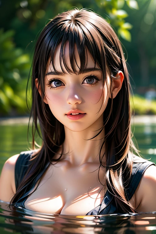 Girl in summer clothes,  As if I wanted to kiss you, (Girl looking at camera), Small breasts, Small breasts、A small amount of skin on her chest is visible through the gap in her neck-high clothing., Random Background, Sexy look, ((Very detailed)), (Perfectly detailed face), (Handcrafted with attention to detail) Photorealistic images.