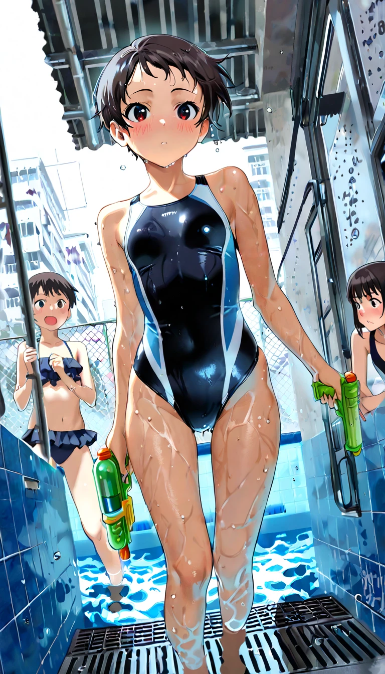 Two elementary school girls with black hair and bob hair, wearing navy blue school swimsuits and large pink rubber gloves and white rubber boots, smiling as they clean the school pool.