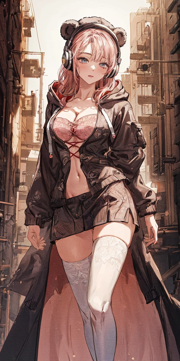 （Best quality at best，tmasterpiece），1girll，coiffed blonde hair，Brown hair，red tinted hair（emo girl，a puncture：1.3），fishnets stockings，Ultra shorts，Belly exposure，There are complex tattoos on the lower abdomen，long whitr hair，the night，street corner，Exposed long-sleeved thick coat，Slim figure，Slim figure，the night，a darkness street，Garbage all over the ground，Condoms that are used in large quantities，Lots of damaged sex toys，No man's street，Dirty streets，Bust，Fine eyes，Super detailed face，Bust，Sit or squat or lie down or stand