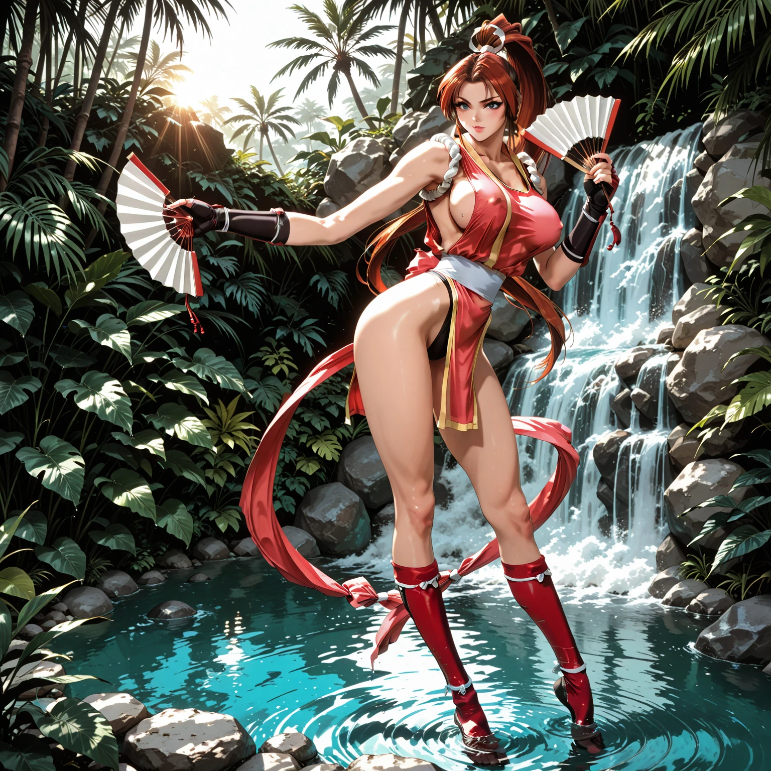 masterpiece, ultra high quality, ultra high definition, 8K, totally realistic, Mai Shiranui, extremely beautiful, alone, full body, highly detailed face, fully detailed eyes, perfect eyes, perfect features, very beautiful body, perfect body, cheerful smile