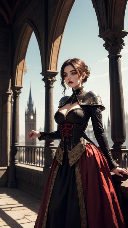 tall stately woman, in a skirt and corset, full height, Middle Ages, Castle in the background, many slippery monster tentacles are reaching out to her from all sides
