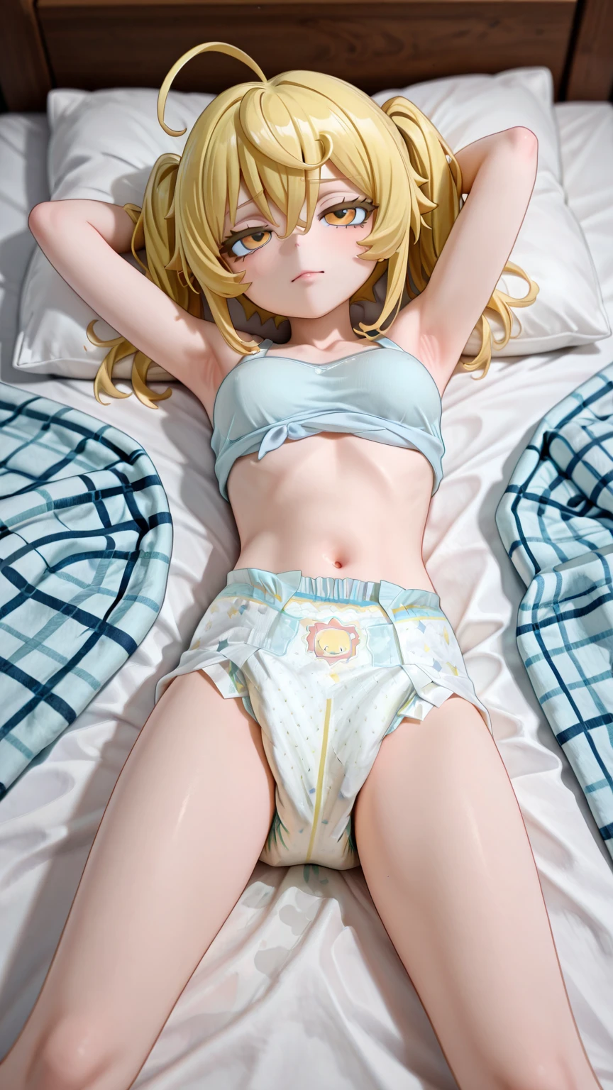 masutepiece, Best Quality,Photorealsitic,NSFW,Detailed Focus:1.3, 1人の女性,School uniform,on the beds,((Lying on your back:1.3)),(Bend your knees and open your legs:1.3) ,White string panties,Looking at Viewer, Cute, medium breasts, Yellow eyes, Pleated skirt with tartan plaid pattern, Yellow hair, Long hair,Beautiful detailed eyes, embarrassed,Late night bedroom background,(Low position shooting 1.5),(Close-up in panties:1.32),Anatomically accurate and perfect face,A detailed face,perfect hand,perfect leg,Detailed skin,Detailed underwear