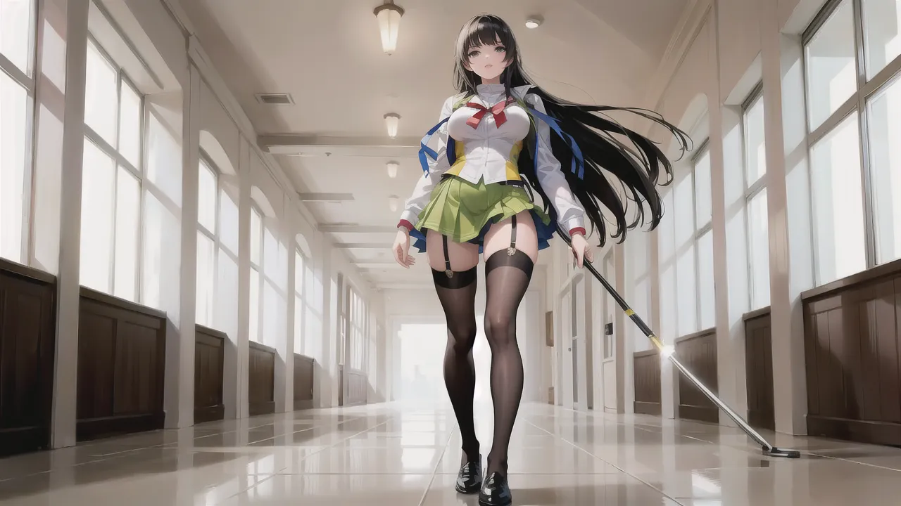 highest quality,masterpiece,8k,1girl,medium breasts,orgasm,blush, sweat,mini skirt,lift skirt,upskirt,white panties,Mizuki Yukikaze,hair ribbon, green shirt, serafuku, white neckerchief, long sleeves, pleated skirt, black skirt, black thighhighs, loafers