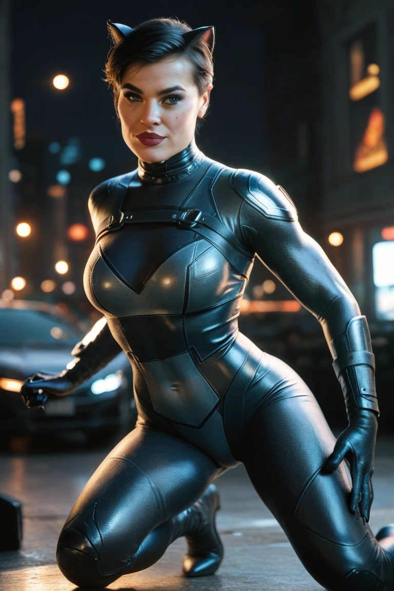 a beautiful detailed catwoman from dc comics, hyper realistic, (((Huge DD PERKY tits))) extremely detailed, extremely detailed face and eyes, detailed skin texture, (best quality,4k,8k,highres,masterpiece:1.2),ultra-detailed,(realistic,photorealistic,photo-realistic:1.37),HDR,UHD,studio lighting,ultra-fine painting,sharp focus,physically-based rendering,extreme detail description,professional,vivid colors,bokeh,fantasy,concept art,dynamic pose,muscular arms,strong legs,perfect shapely ass,high fantasy armor,large breasts,slender curvy body,thin waist,extremely detailed facial features,piercing eyes,lustrous skin