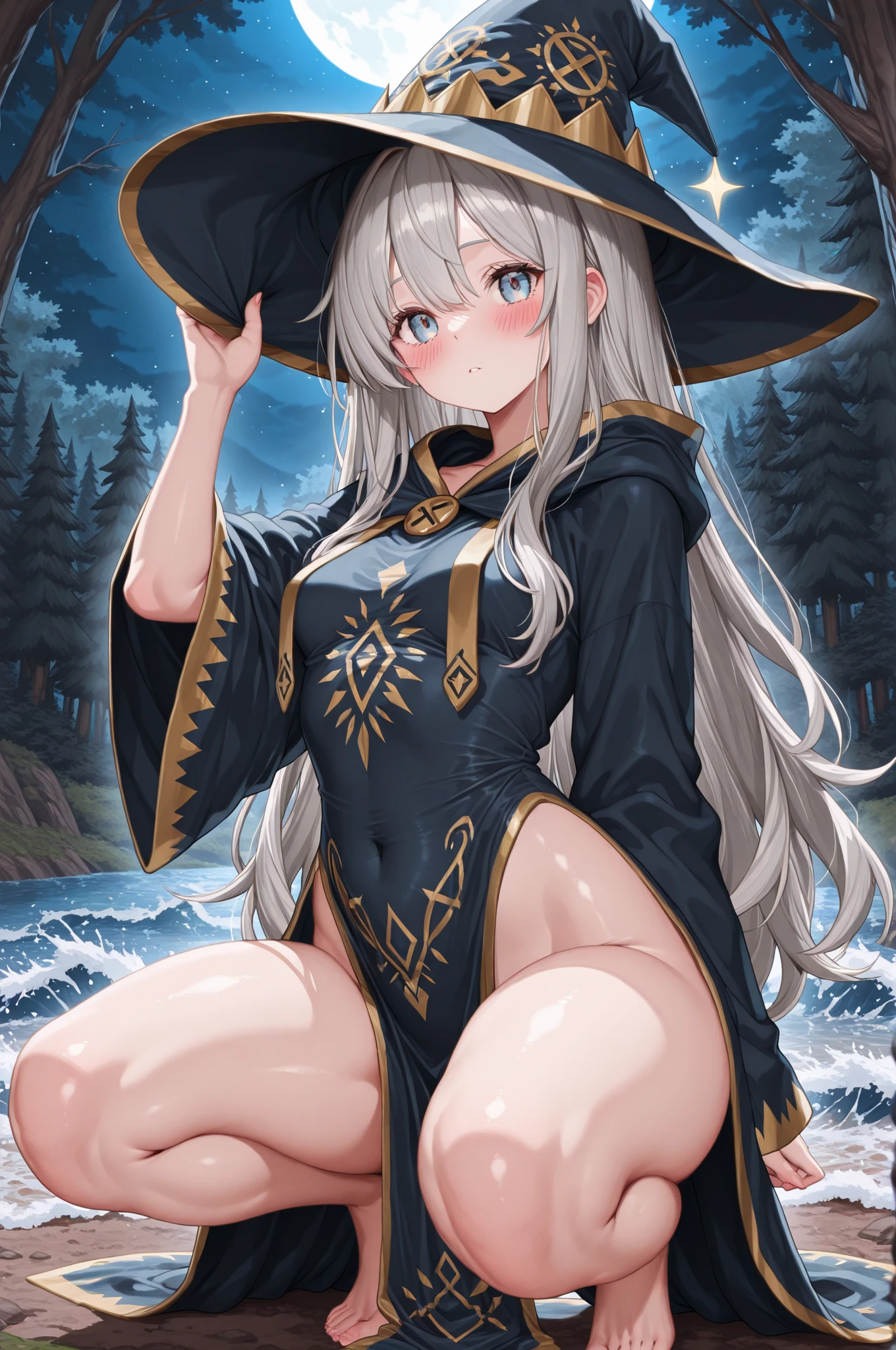 Browsing Caution,white hair,((Very small boobs)),Flat chest,loli,((sex)),(((many cum, cum on face, cum on body,cum drip))),(((steam around pussy))),(clitoris, urethra, close-up crotch, crotch focus),(((spread legs, showing pussy))), ((open vagina)),(witch),(sweat),very long hair,((open mouse,blush)),(half closed eyes),water,wet,forest,river,pubic hair,night,moon,lying