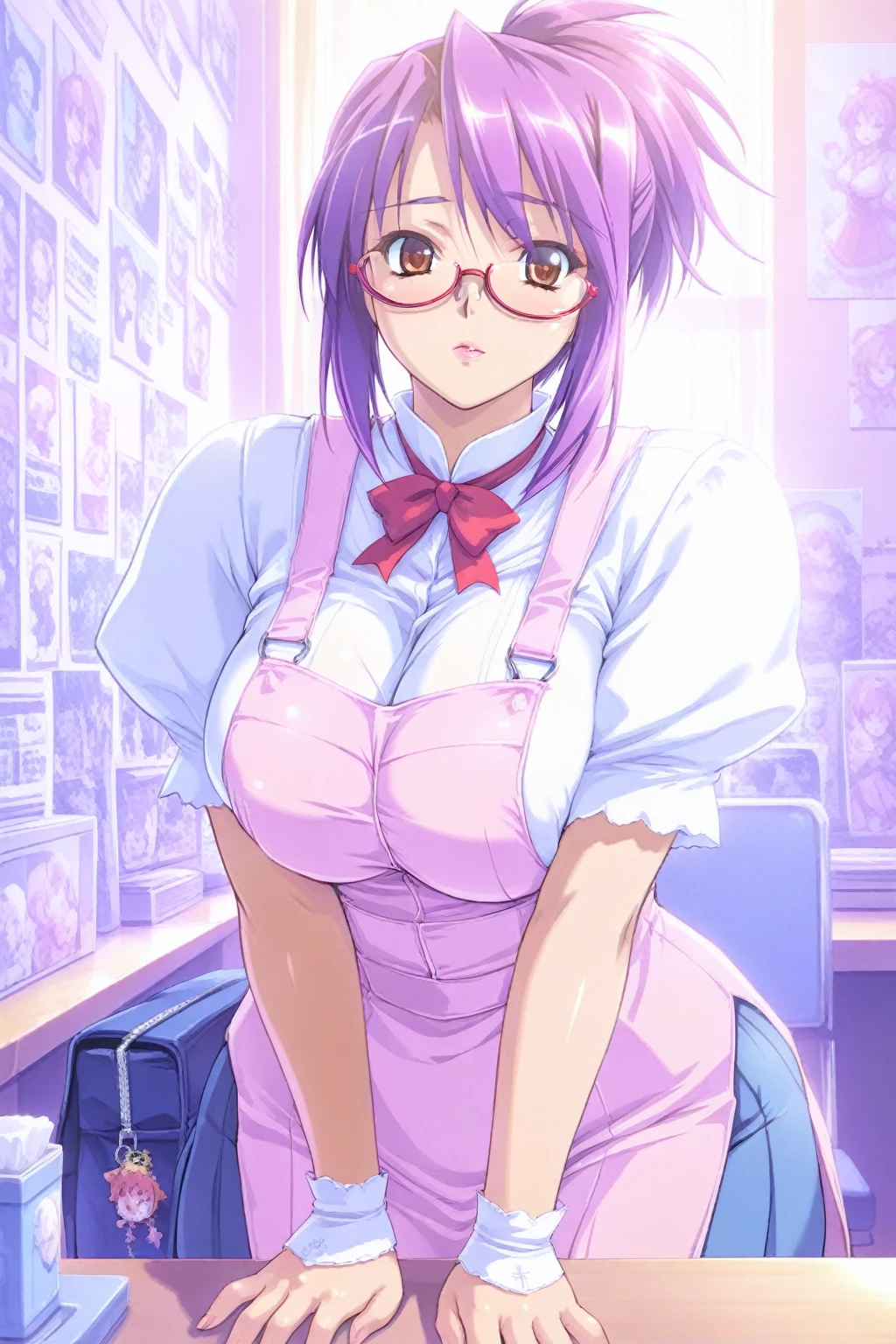 NSFW,Hololive,Nekomata porridge,light purple hair,short hair,female teacher,glasses,cat ears,cat tail,1 girl,leaning forward,support the chest,smile,tongue licking,background:classroom