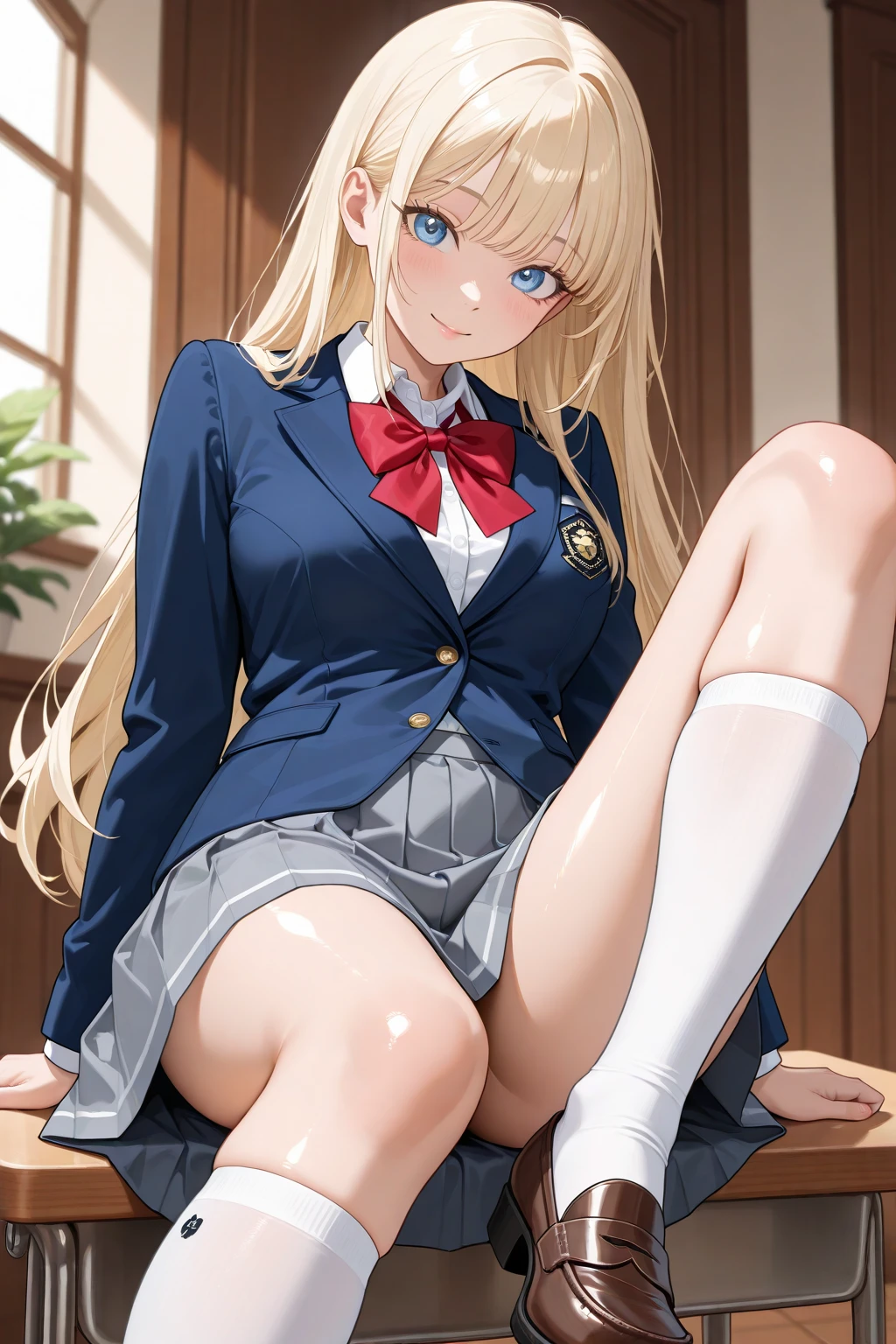 (((Stand with your feet apart、Shooting from below))、(((Emphasize the crotch、Shiny underwear)))、Highest quality, 8k, masterpiece :1.3)), whole body, Sharp focus :One Girl,Glowing Skin,Sexy pose,Highest quality,Tabletop,shape,Very delicate and beautiful,Hmph,8k壁紙,wonderful,In detail,Official Art,Very detailedなティッカーUnity 8k壁紙,Unbelievably ridiculous,Large file size,Very detailedな,High resolution,Very detailed,Beautiful detailed girl,Realistic,X-ray,The queue is full,(((Uniform Blazer、mini skirt)))、(((Big Breasts、blonde)))、(((School、classroom)))、Stand upright、Cleavage , ((Long golden hair))、Uniform Blazer、exy pose、Hairstyle: Long hair、both hands、