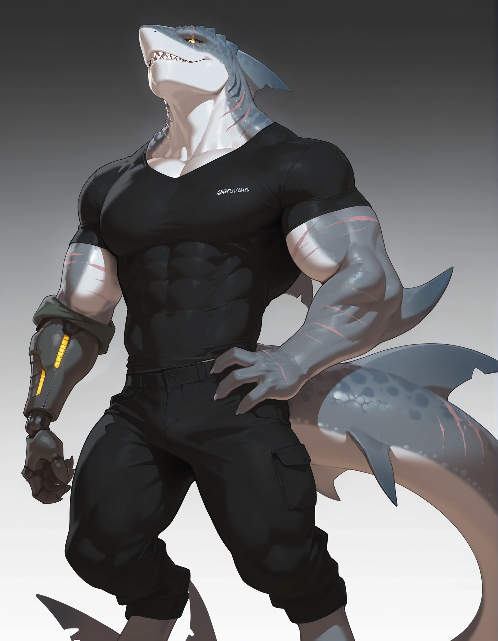 masterpiece, best quality, amazing quality, very aesthetic, absurdres, newest, scenery, extreme detail, 8k, dnd character, anthro shark, detailed eyes, yellow eyes, by Riolutiny, anthro, shark, male, scalie, anthro shark, anthro megalodon, buffed body, bulky, gray body, strong hands with fins, black back, solo, bara, detailed skin, scars, lizard shark hybrid, thick tail, hunter, strong, scalie torso, detailed muscles, detailed muscular arms, left arm prosthesis, mechanical prosthesis of the arm up to the forearm, wearing tight black shirt, rolled up sleeves, digitigrade legs, thick legs, dorsal fin, proporcional body, wide chest, buffed muscular torso, abs, trapezoid body type, marked jaws, thick shark tail, masculine, thick scales on arms and legs, muscular legs, proporcional body, wide chest, trapezoid body type, wearing pants, marked jaw, scars,dominating, pensive, tired, upper body focus, fantasy room background, night