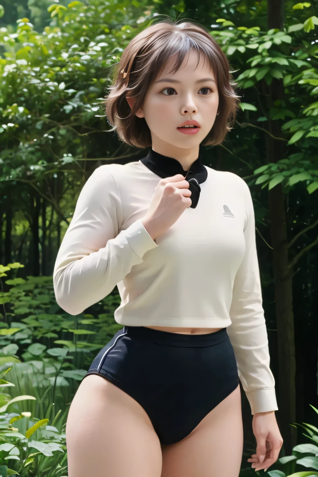 (masterpiece, highest quality), 1 girl, beautiful face, beautiful body,  wearing a Black gymnastics bloomers, High leg、white blouse,    cowboy shot、Are standing、full body portrait、alone, complex details, enlarged textures, complex details, finely detailed eyes and detailed face, intricate details, (closed mouth), perfect eyes, equal eyes, perfect body, extremely detailed, (), extremely realistic 3d,In a dark forest,