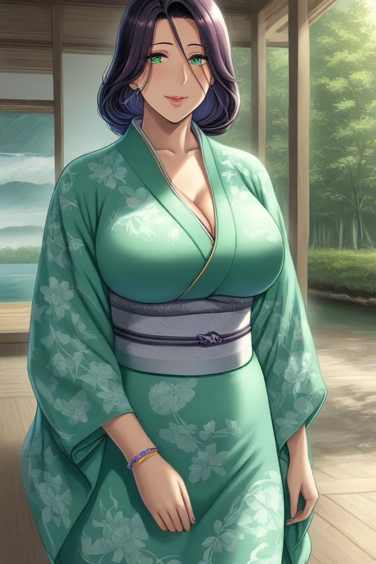 (masterpiece, highres:1.3), Yuzuriha from "Jigokuraku," (1 woman:1.5), (leaning over:1.4), (purple hair:1.2), (detailed brown eyes:1.4), (ninja attire:1.1), (revealing clothes, alluring cleavage:1.2), (moderate breasts, spaced apart:1.2), (elegant topknot, medium-length hair:1.1), (provocative smile:1.2), (pants, in the process of undressing:1.2), (subtle blush:1.1), (perfectly crafted hands:1.3), Japanese setting, with a temple in the background, meticulous details, (enticing ambiance:1.1).