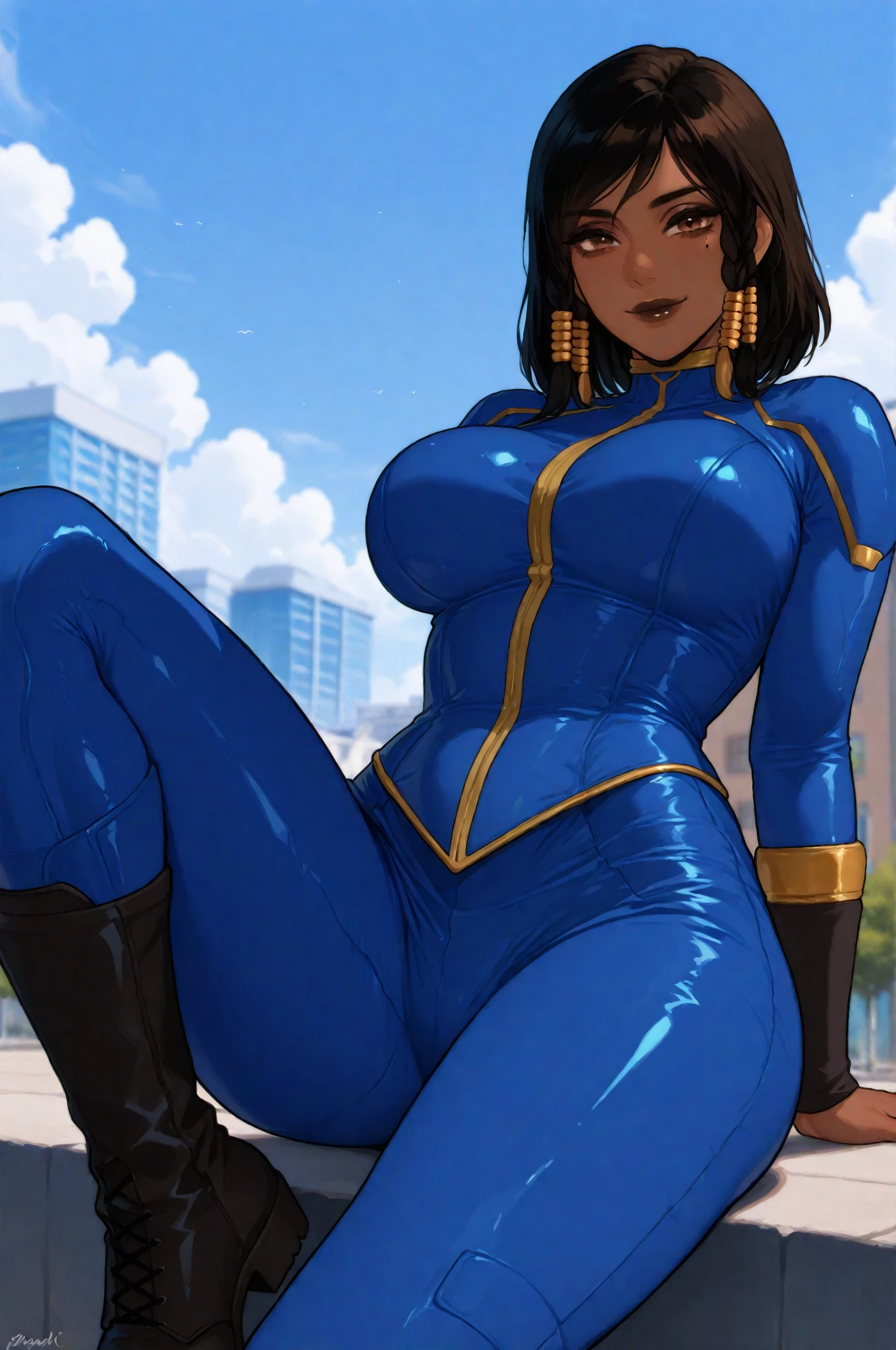 Five Fingers、1 Street Fighter Character、Big breasts about to burst、slender long legs、Footboard beauty、Fitness Model、musculature、The shirt、Glossy yellow jacket、Sky blue diving suit、Green sun visor、clothes shiny、skin tanned、Cool smile、full-body view、publicity cosplay、full-cosplay、taken with canon 5d mk4、cosplay foto、she is ready to fight