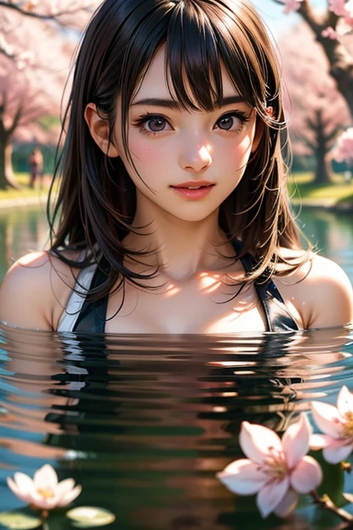 solo, high resolution, highest quality, super high quality, super detail, ultra realistic, photorealistic, anime, manga, illustration, animification, portrait, hot springs, hands on the rock, butt out, looking back, wrap a bath towel, super cute woman, flowing layered messy light gray short bob, sparkling big pink eyes, mysterious, enchanting, lonely look, embarrassed face, alluring moist lips, huge breasts, under boob, great proportion, perfect proportion, slender, full body, background cherry tree, fluttering petals of cherry blossoms
