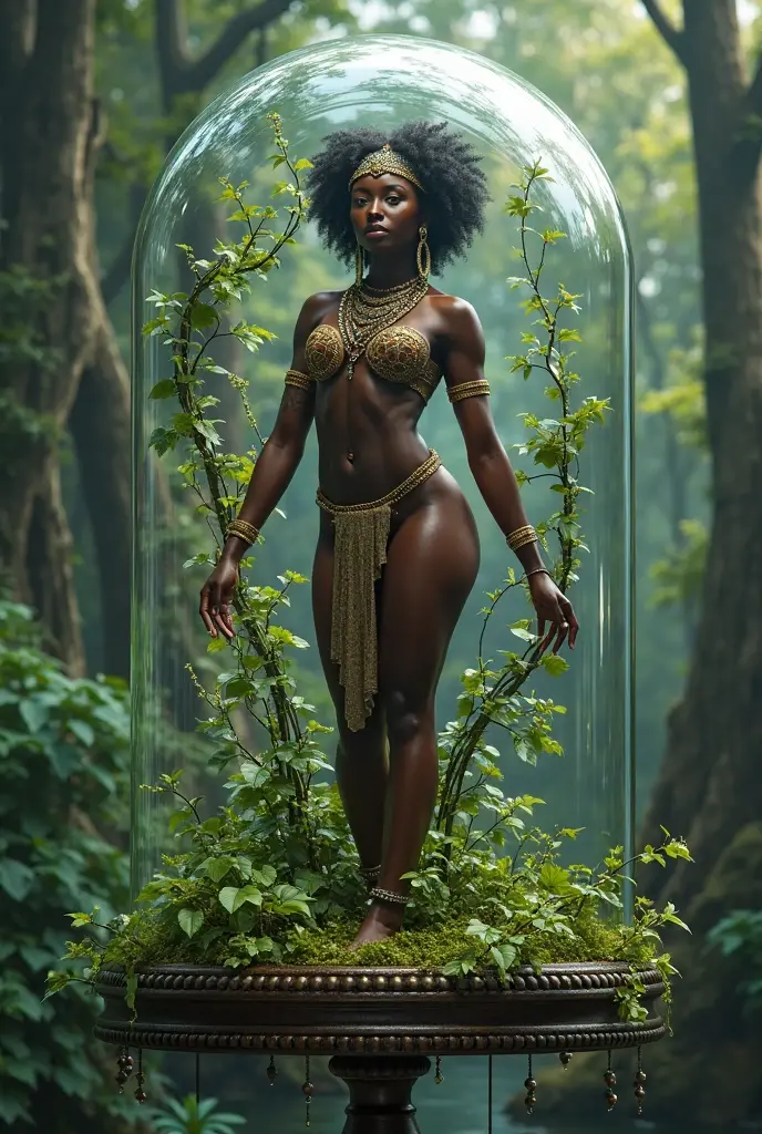 Powerful undressed feminine black Godess caressing the bottom of her feet doing syanding yoga on a beautiful realistic landscape