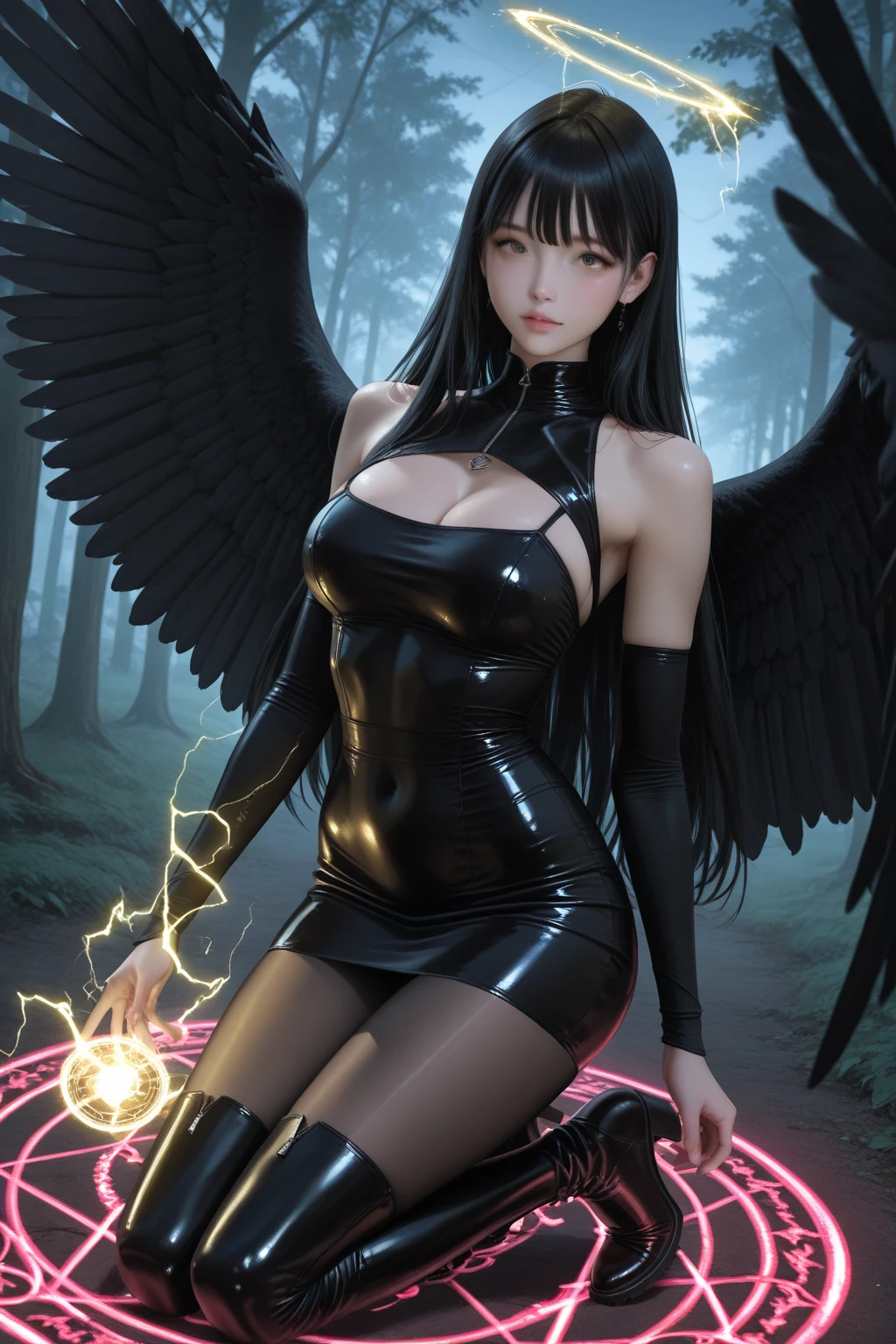 Rihanna : Evil Nun, Devil horns, Devil wings on head , sexy nun dress, Powerful destructive purple bolts of energy shoot from his hands., Satanic, insidious, His powerful magic attacks the buildings of the city. , Church of Satanic Background, Fine grain, Fine hand