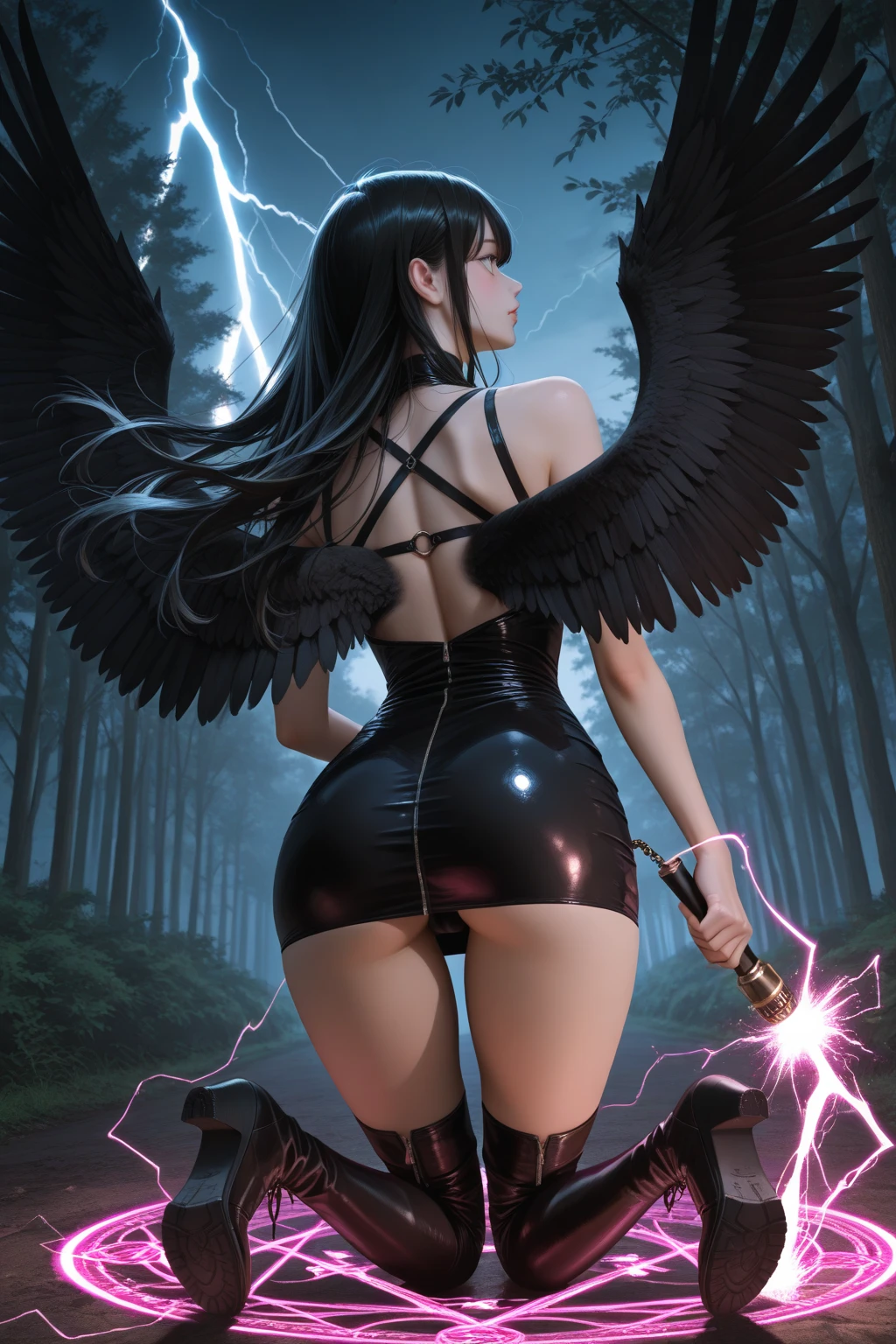Highest quality,Highest Resolution,Beautiful girl with angry face in gothic lolita leotard,High leg,Floating in the air,Halo,Night Sky,Lightning strikes,Thick Lightning,Very beautiful red eyes,rain,豪rain,(((Black angel wings on the back))),whole body,front,Black Hair,holding a large spear in his hand,