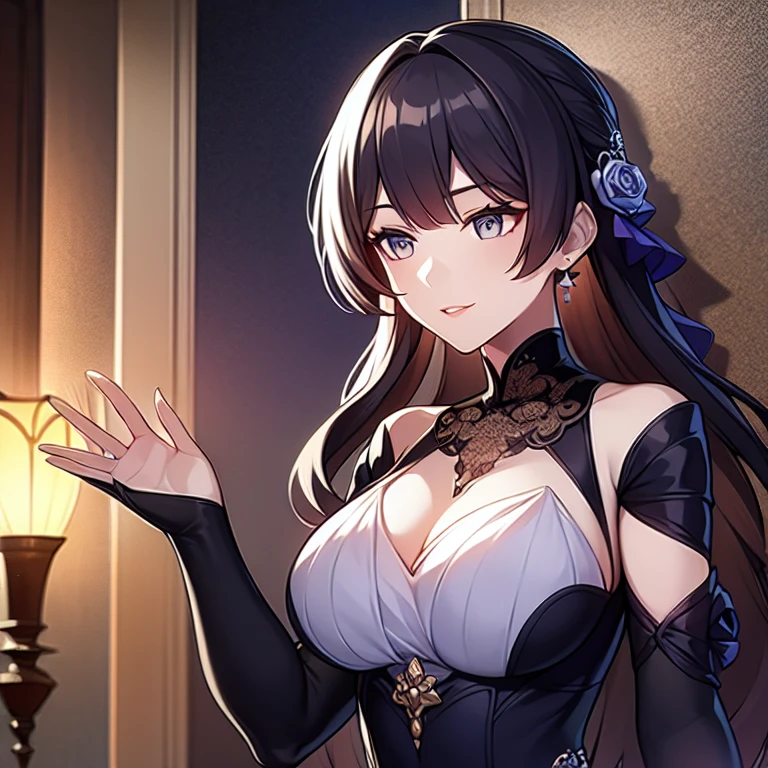 ((masterpiece)),(best quality), ((extremely detailed CG unity 4k wallpaper)),(cinematic lighting), (an extremely delicate and beautiful girl:1.3),face, fixed eye, (++black hair++), blue eyes, long hair, jewelry,earrings, :d, maid, labrynth,
Purple dress, Large breast ,(Crystal chandelier), horn ,indoor ,hand over head, standing , all body , boots , view from behind